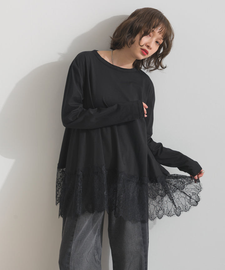 裾レースロングスリーブTシャツ