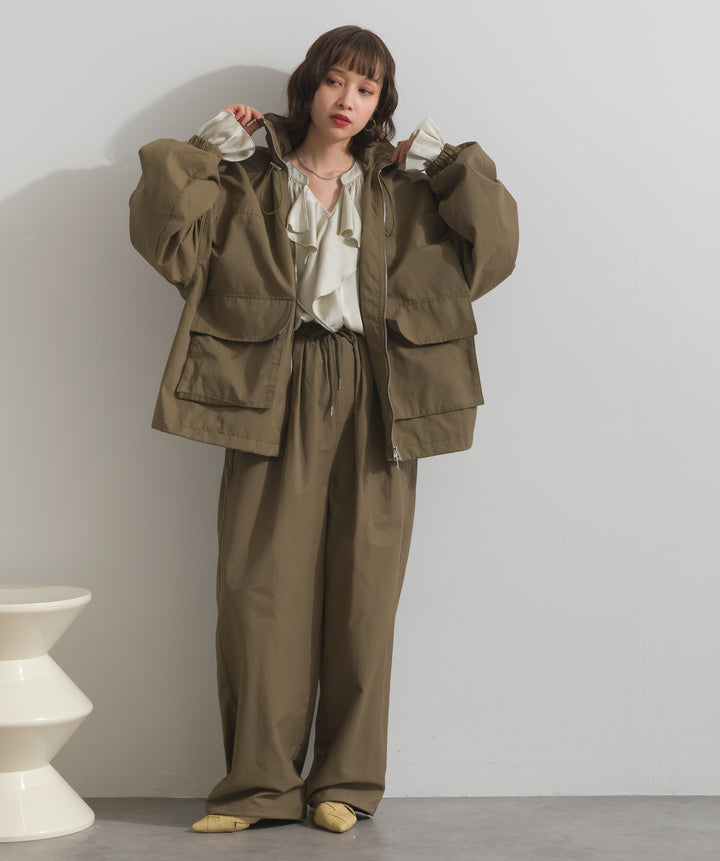 合繊ツイルスタンドウエスト巻きジョガーパンツ