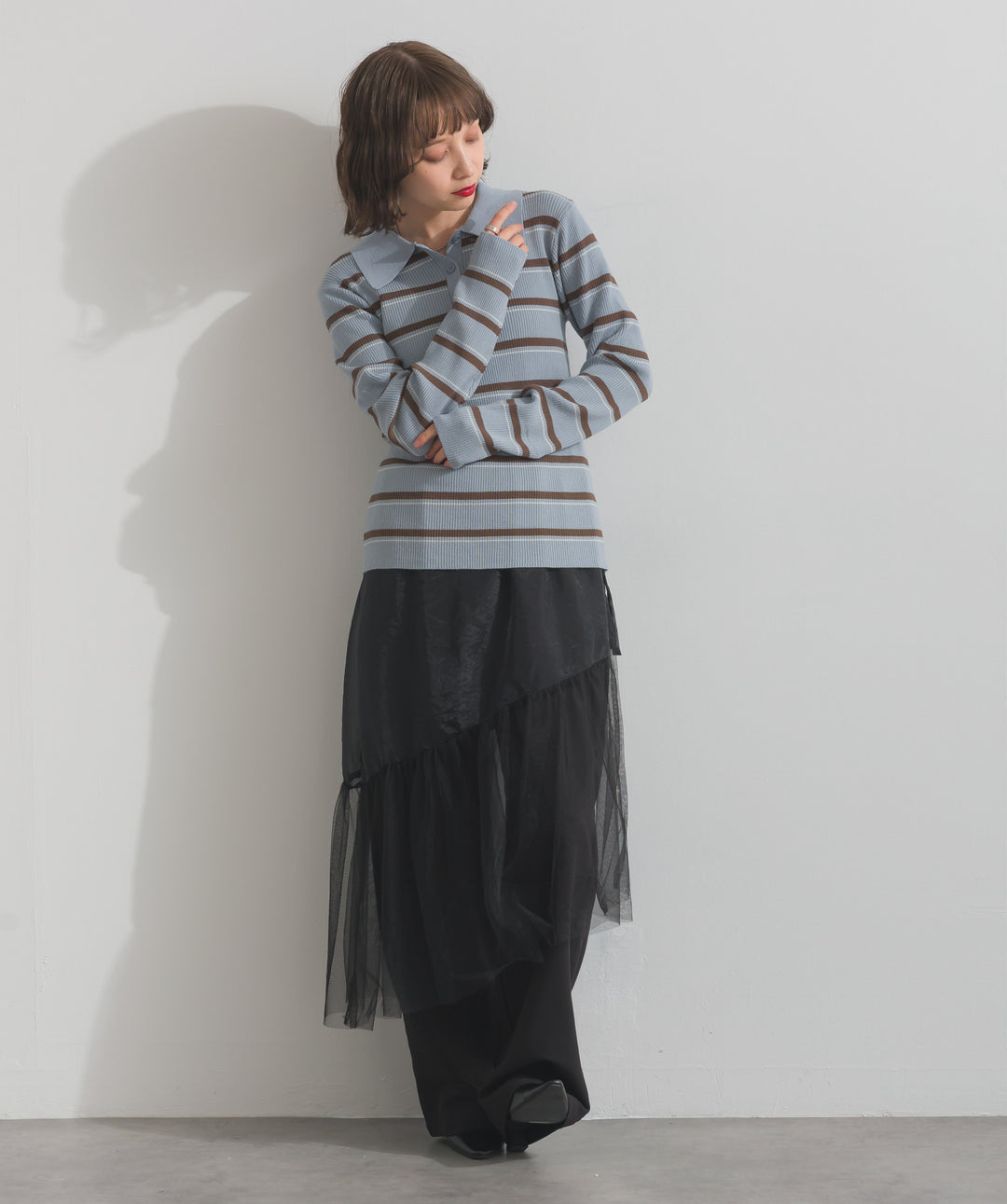 配色ボーダーポロニット