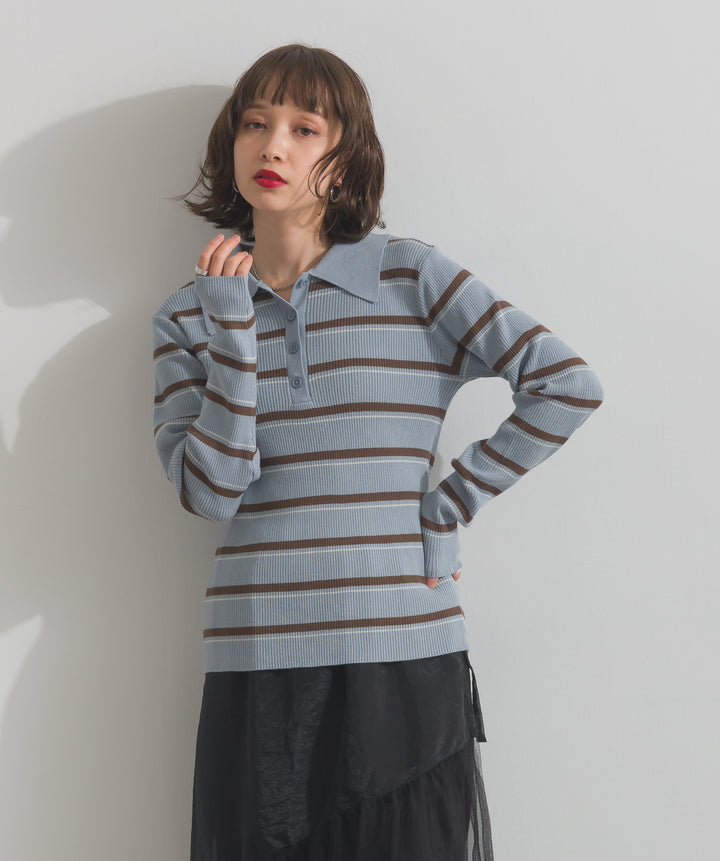 配色ボーダーポロニット