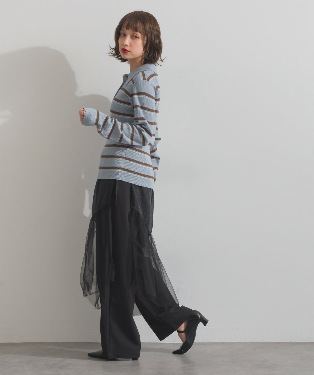 配色ボーダーポロニット