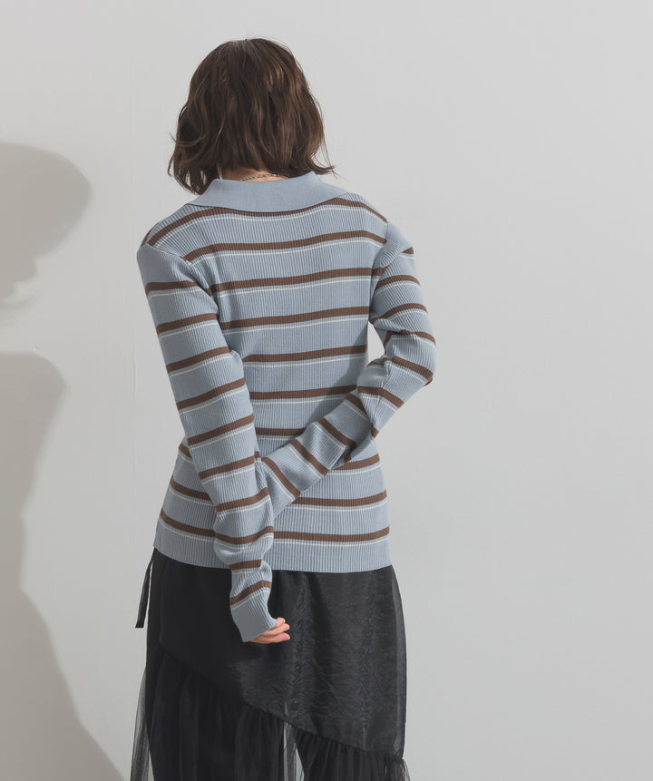 配色ボーダーポロニット