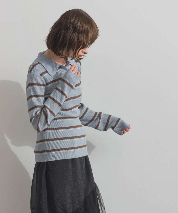 配色ボーダーポロニット