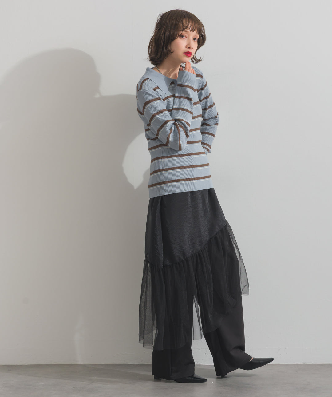 配色ボーダーポロニット