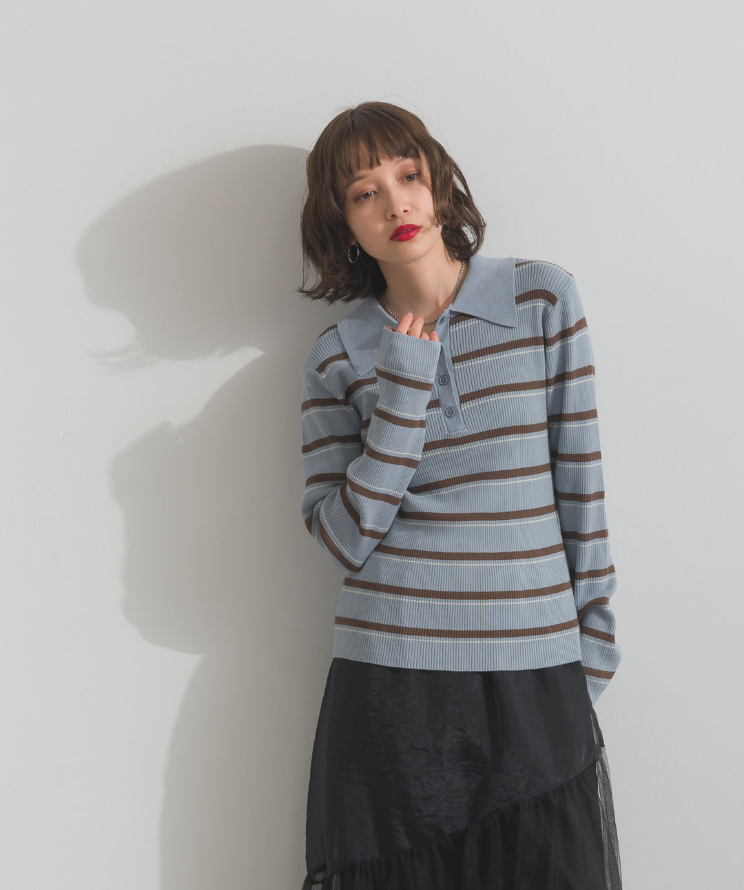 配色ボーダーポロニット