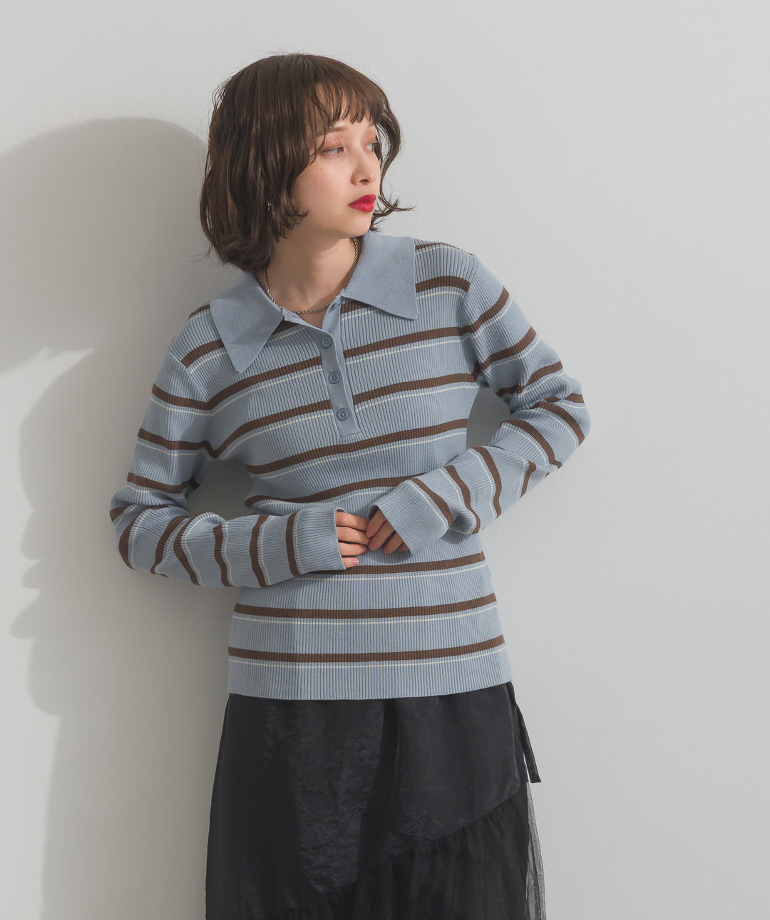 配色ボーダーポロニット