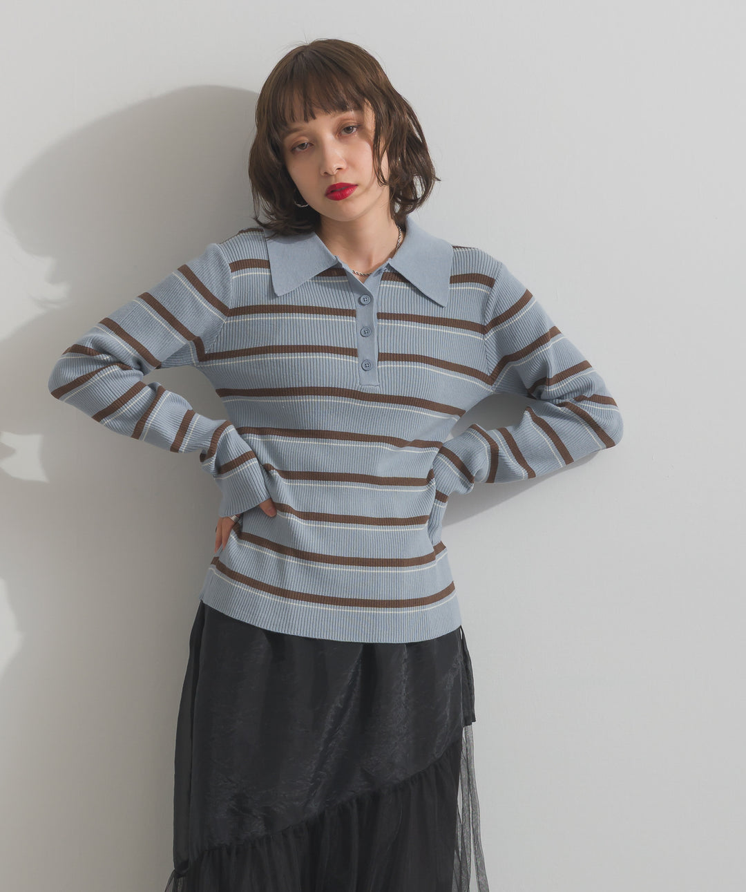 配色ボーダーポロニット