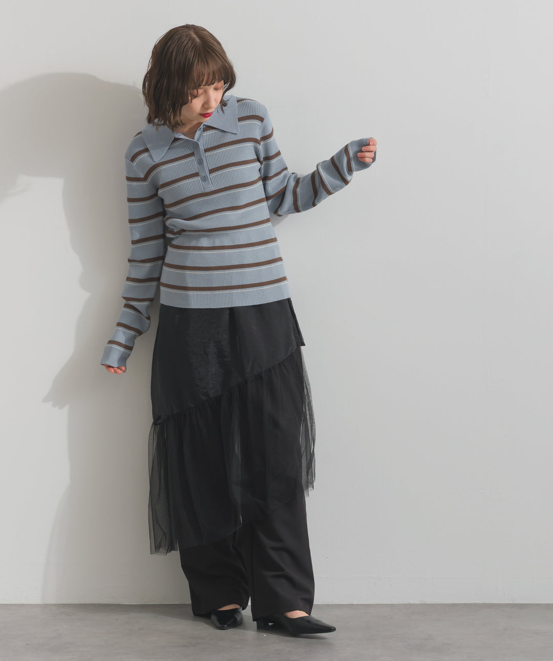 配色ボーダーポロニット