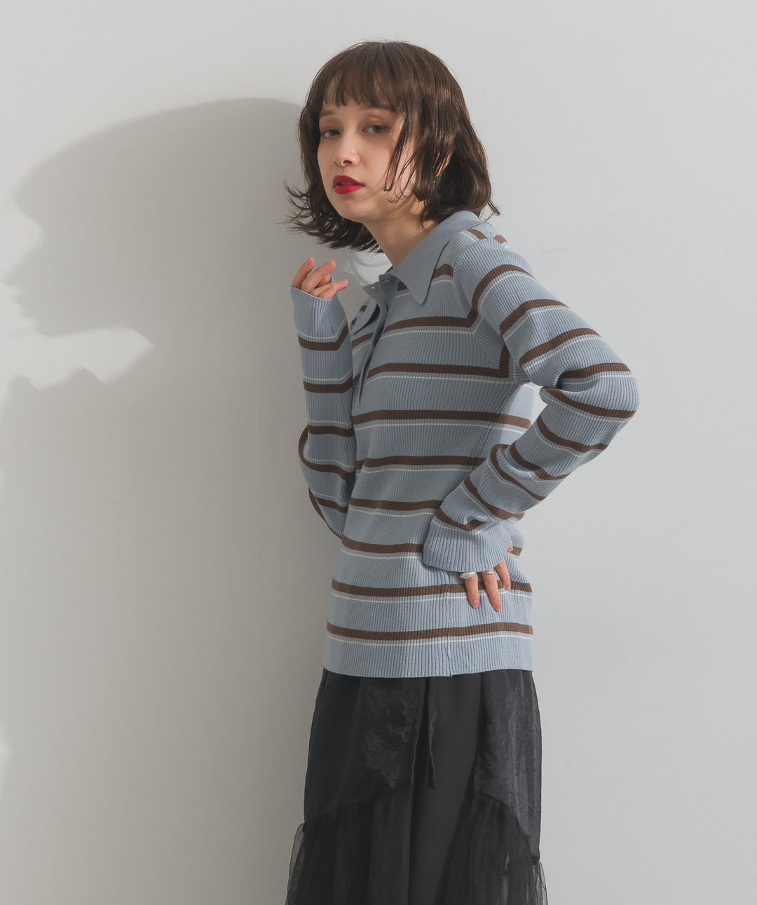 配色ボーダーポロニット