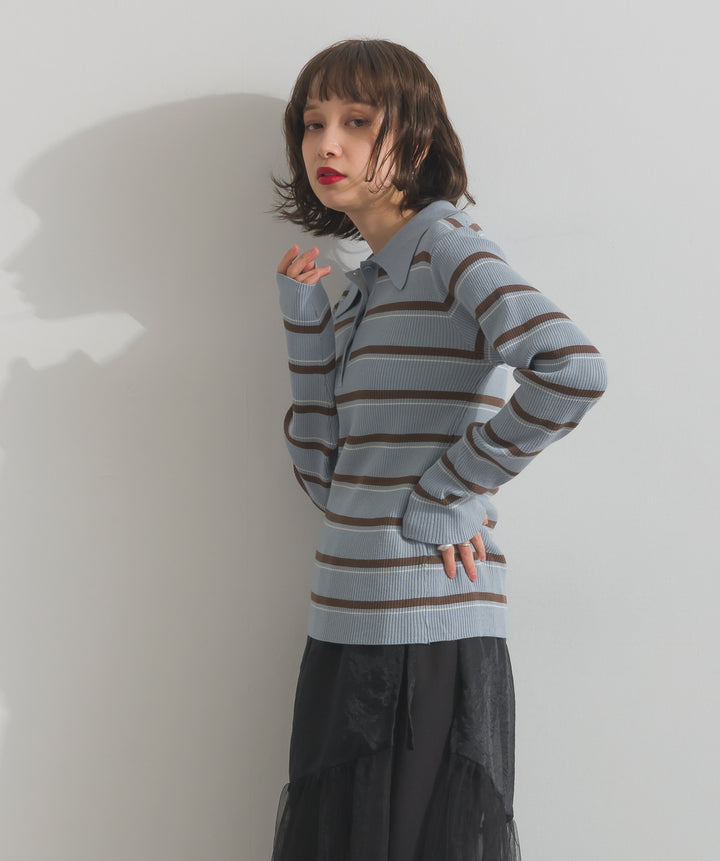 配色ボーダーポロニット