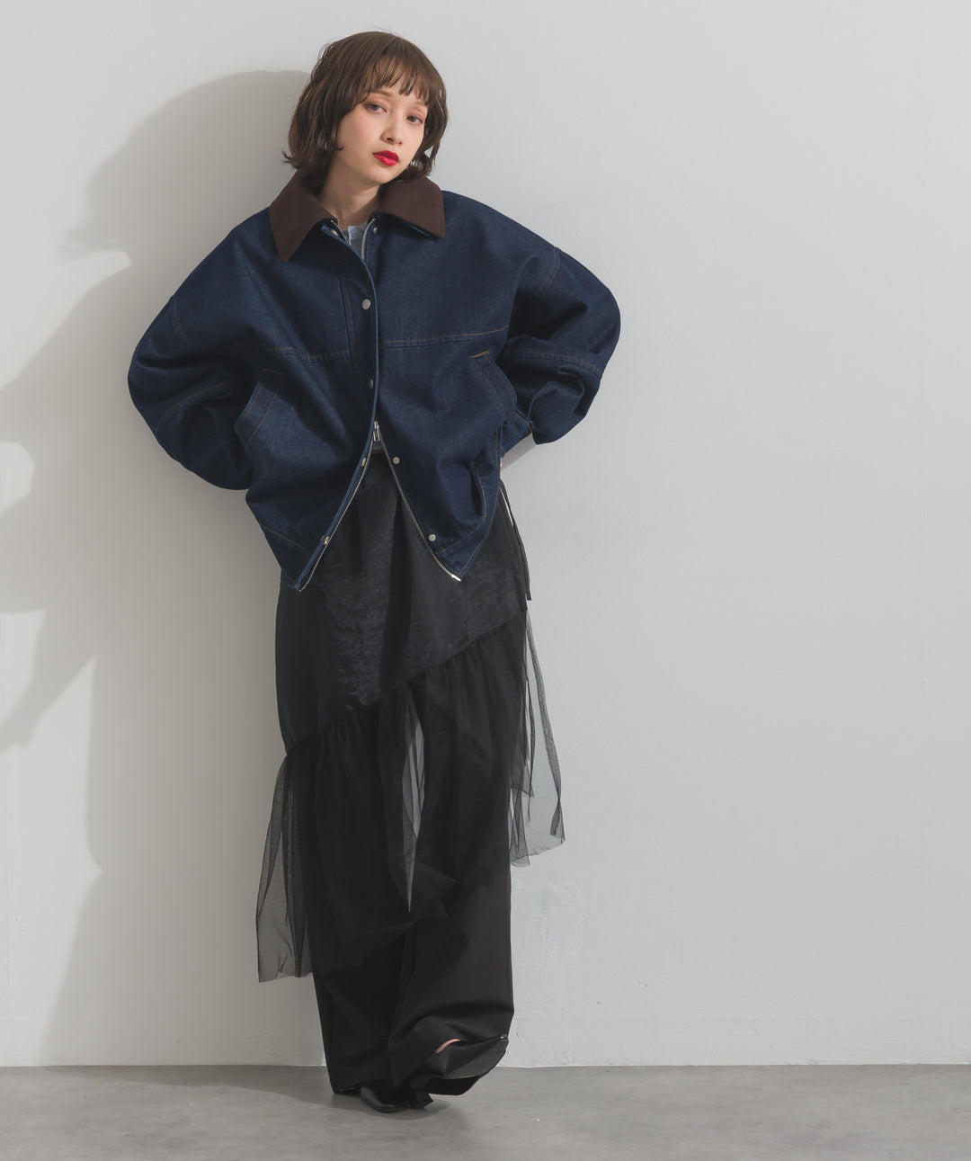 スウェード襟切替デニムブルゾン
