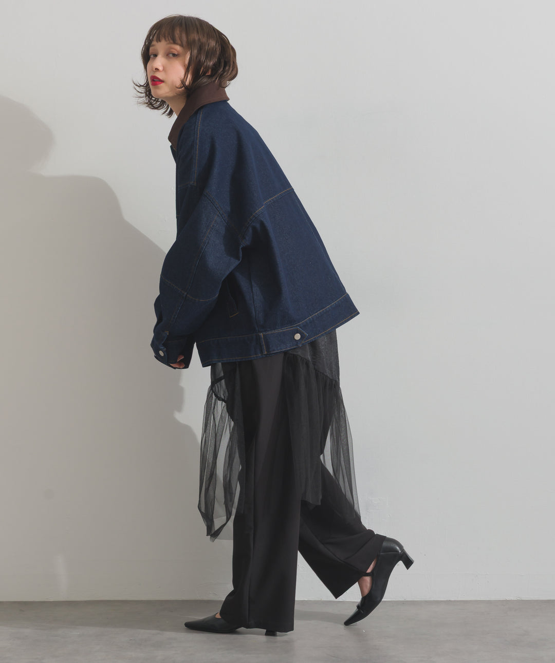 スウェード襟切替デニムブルゾン