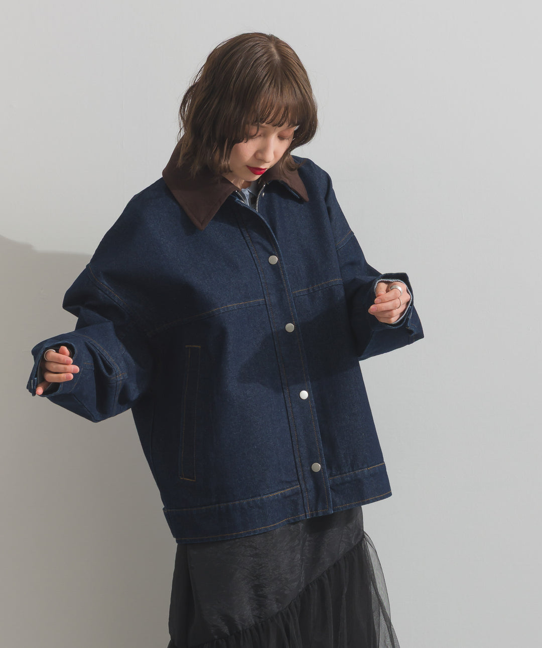 スウェード襟切替デニムブルゾン