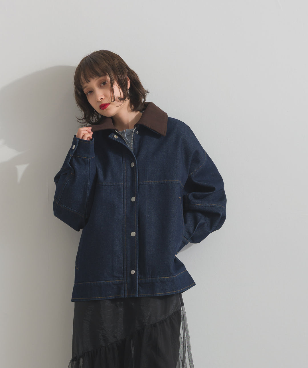 スウェード襟切替デニムブルゾン