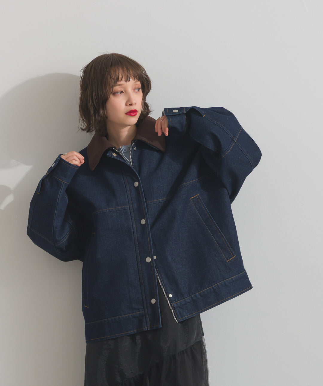 スウェード襟切替デニムブルゾン