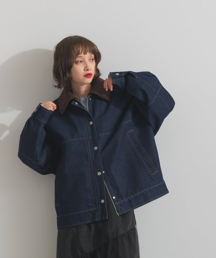 スウェード襟切替デニムブルゾン