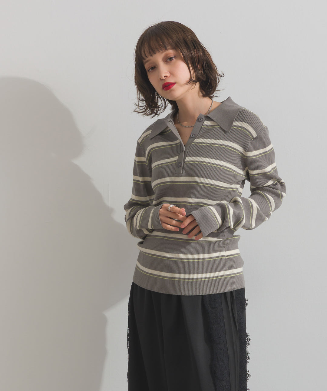 配色ボーダーポロニット