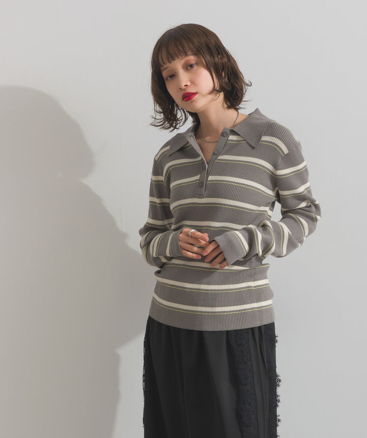 配色ボーダーポロニット