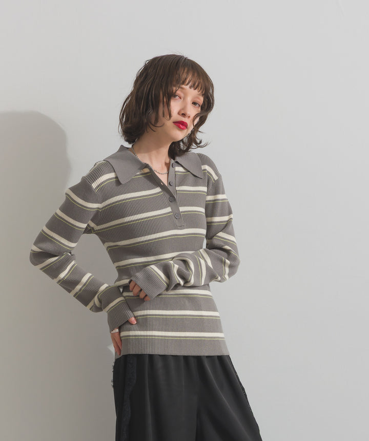 配色ボーダーポロニット