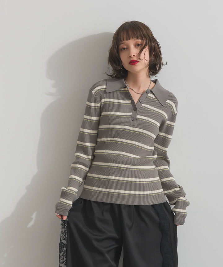 配色ボーダーポロニット