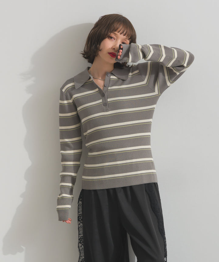 配色ボーダーポロニット