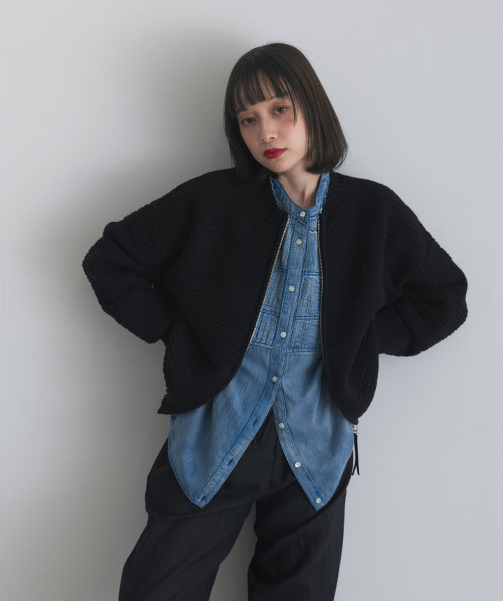 タック編みZIPアップニットカーディガン