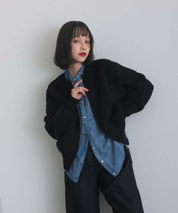 タック編みZIPアップニットカーディガン