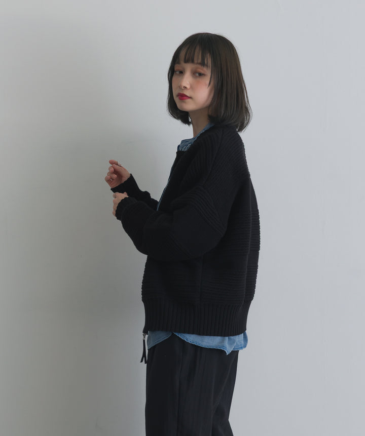 タック編みZIPアップニットカーディガン