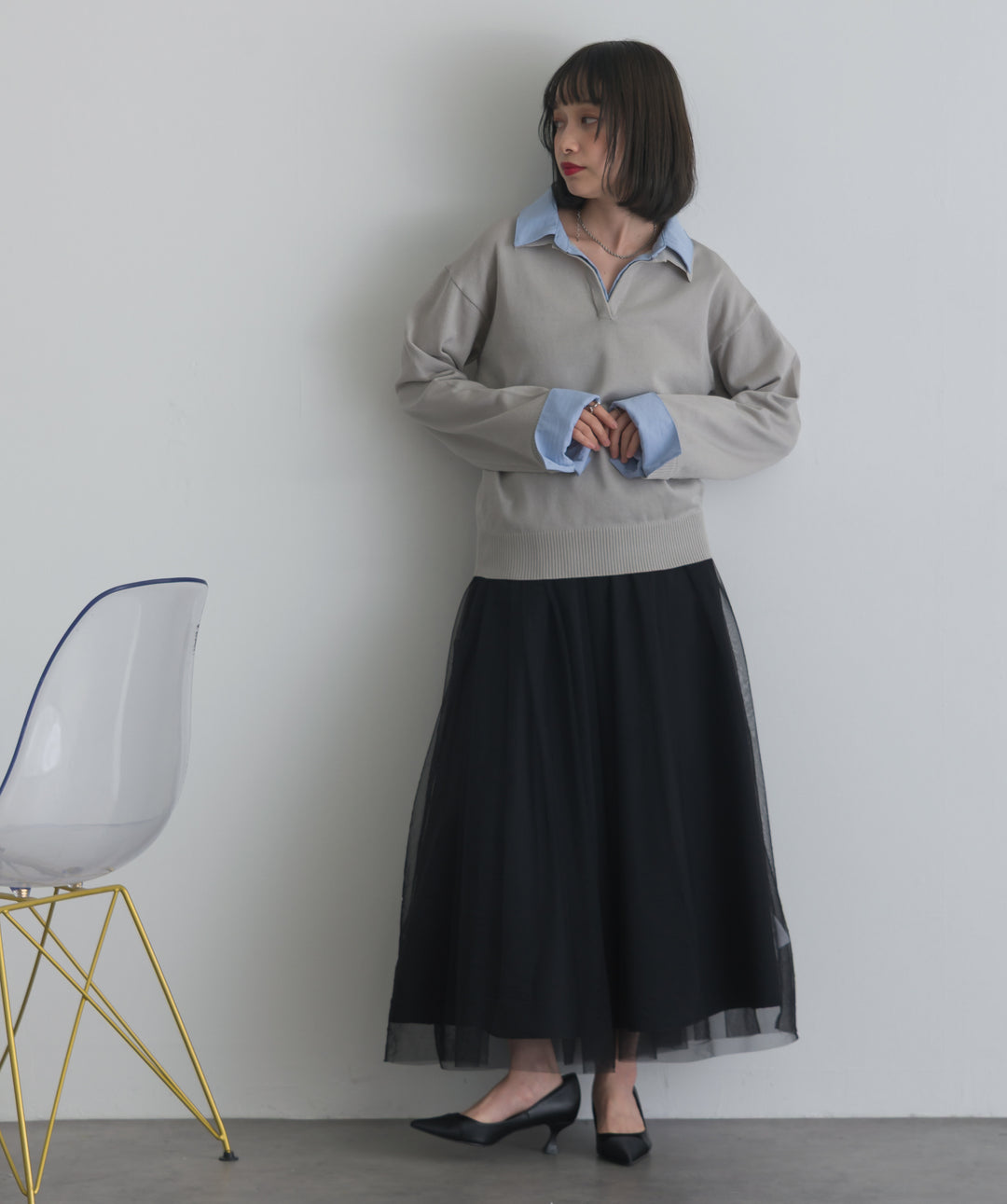シャツ切替レイヤードプルオーバー