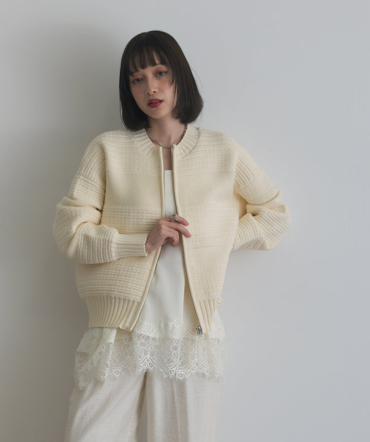 タック編みZIPアップニットカーディガン