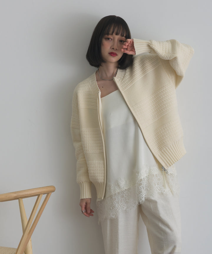 タック編みZIPアップニットカーディガン