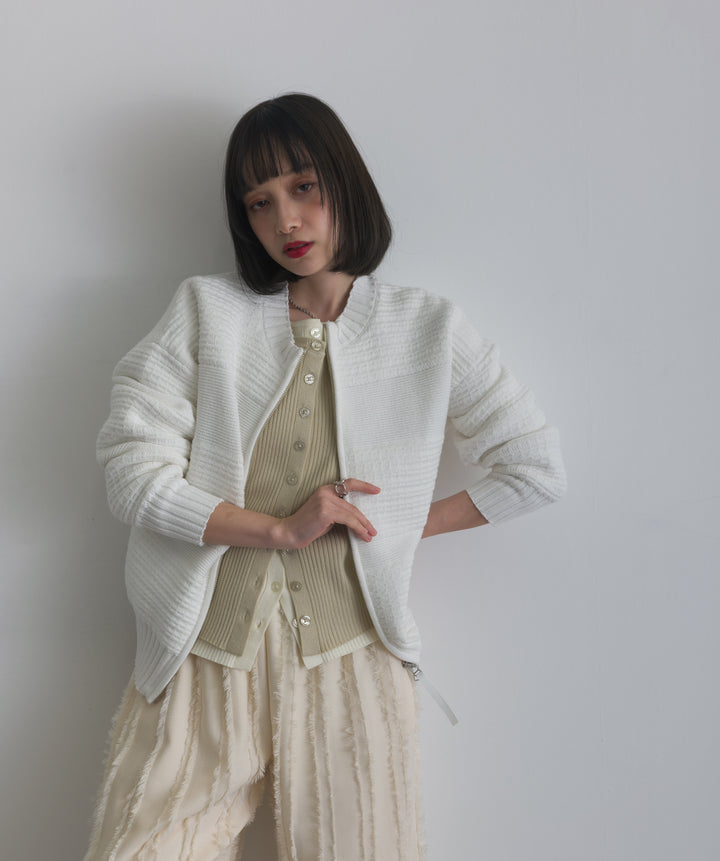タック編みZIPアップニットカーディガン