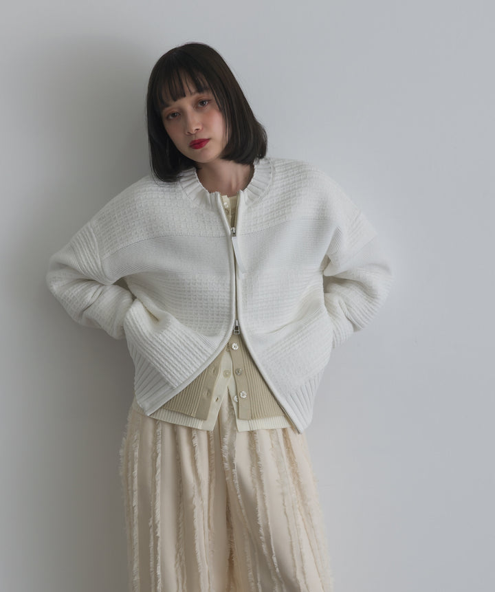 タック編みZIPアップニットカーディガン