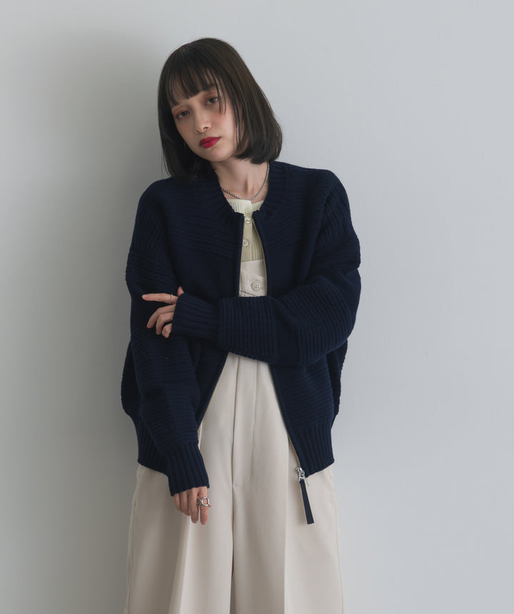 タック編みZIPアップニットカーディガン