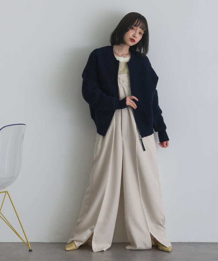 タック編みZIPアップニットカーディガン