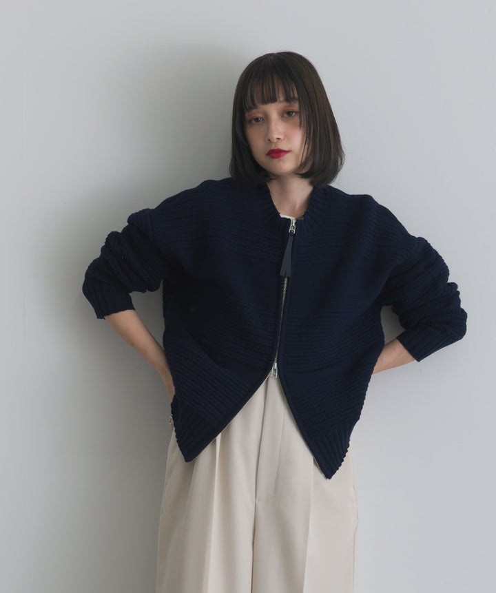 タック編みZIPアップニットカーディガン