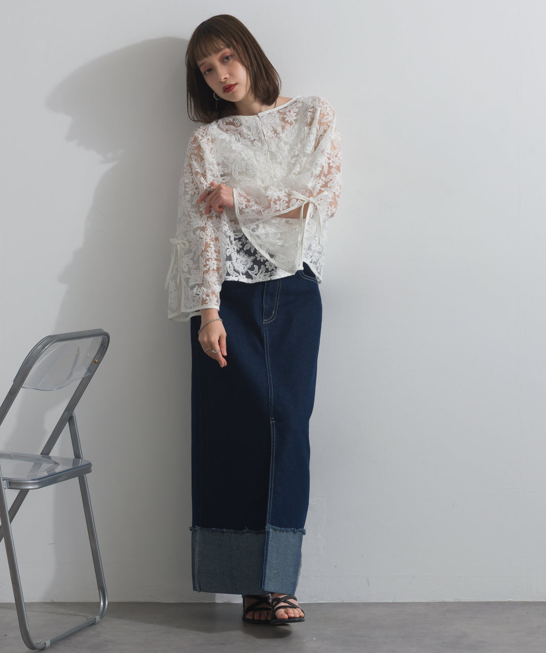 【SET】2WAYフラワーチュールトップス+ロールアップデザインデニムスカート(2set)