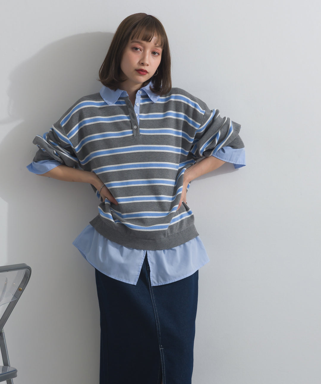 【SET】シャツドッキングニットプルオーバー+ロールアップデザインデニムスカート(2set)