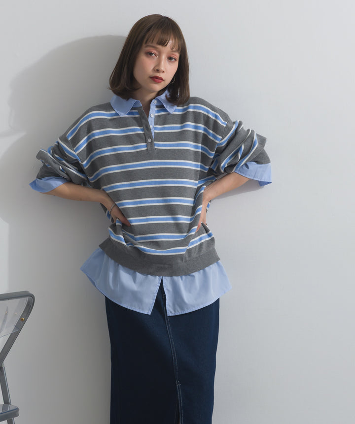 【SET】シャツドッキングニットプルオーバー+ロールアップデザインデニムスカート(2set)