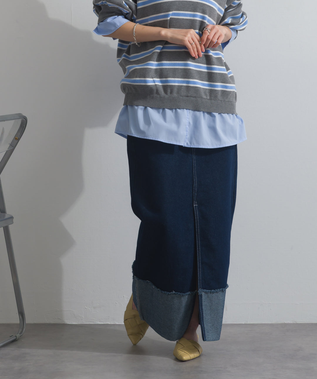 【SET】シャツドッキングニットプルオーバー+ロールアップデザインデニムスカート(2set)