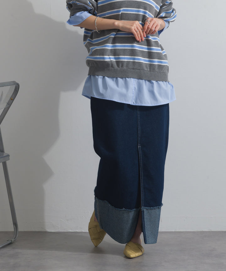 【SET】シャツドッキングニットプルオーバー+ロールアップデザインデニムスカート(2set)