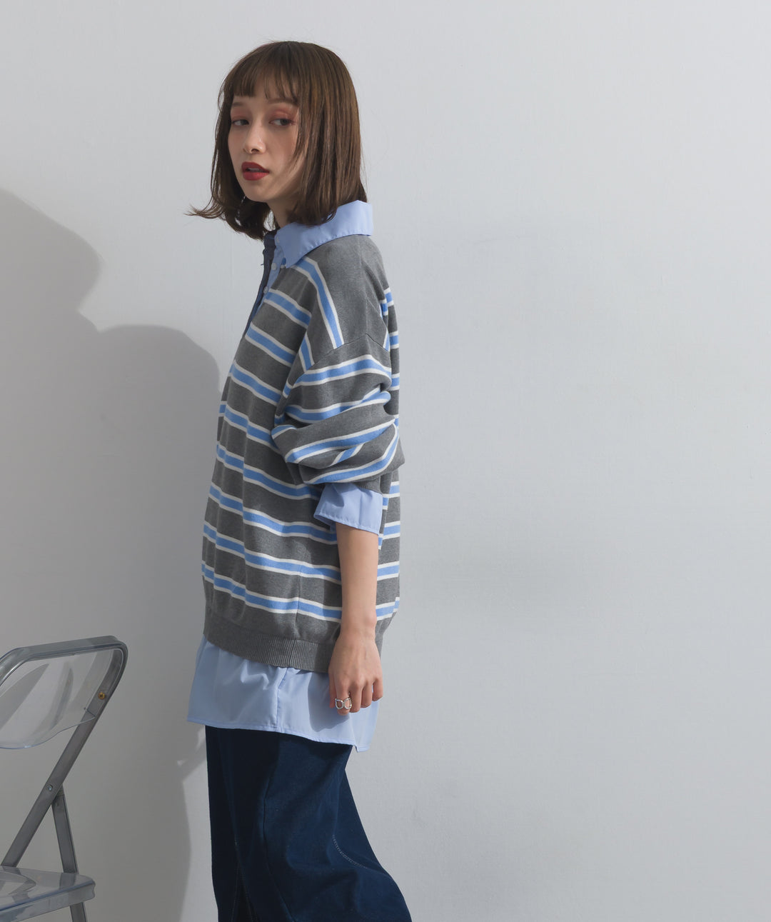 【SET】シャツドッキングニットプルオーバー+ロールアップデザインデニムスカート(2set)