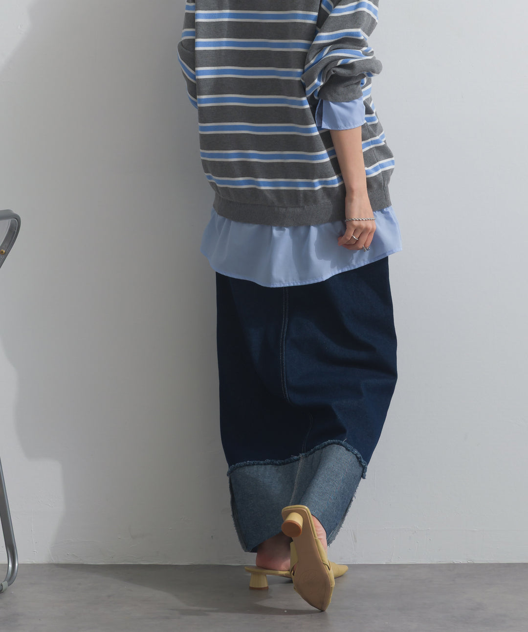 【SET】シャツドッキングニットプルオーバー+ロールアップデザインデニムスカート(2set)