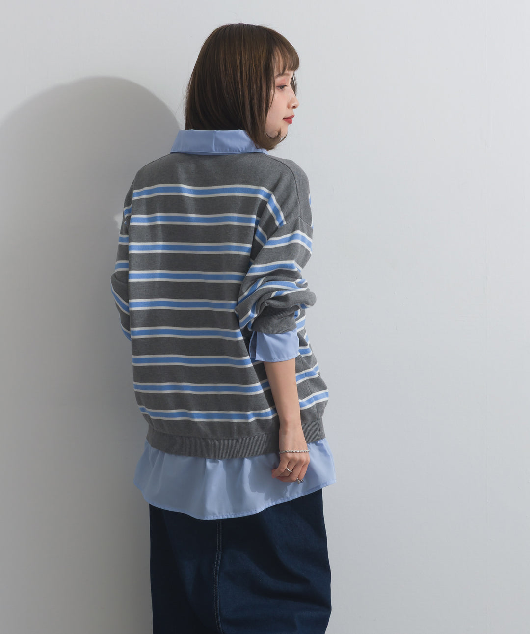 【SET】シャツドッキングニットプルオーバー+ロールアップデザインデニムスカート(2set)