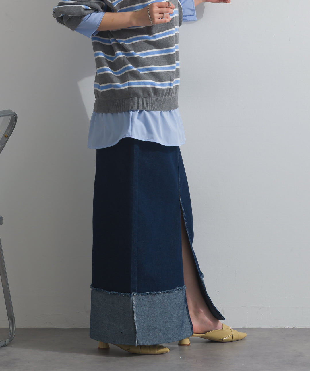 【SET】シャツドッキングニットプルオーバー+ロールアップデザインデニムスカート(2set)
