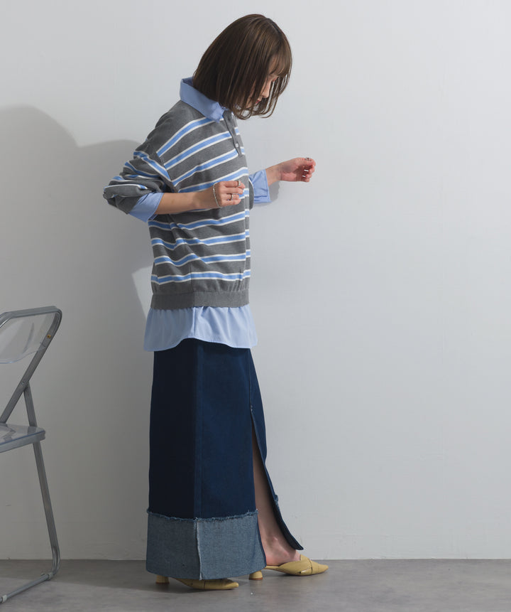 【SET】シャツドッキングニットプルオーバー+ロールアップデザインデニムスカート(2set)