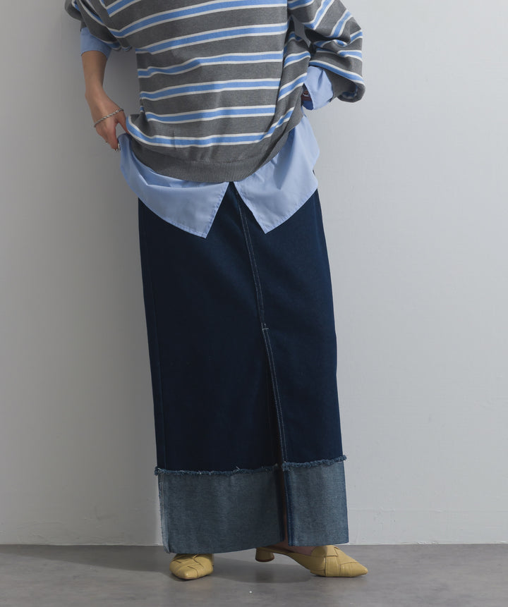 【SET】シャツドッキングニットプルオーバー+ロールアップデザインデニムスカート(2set)