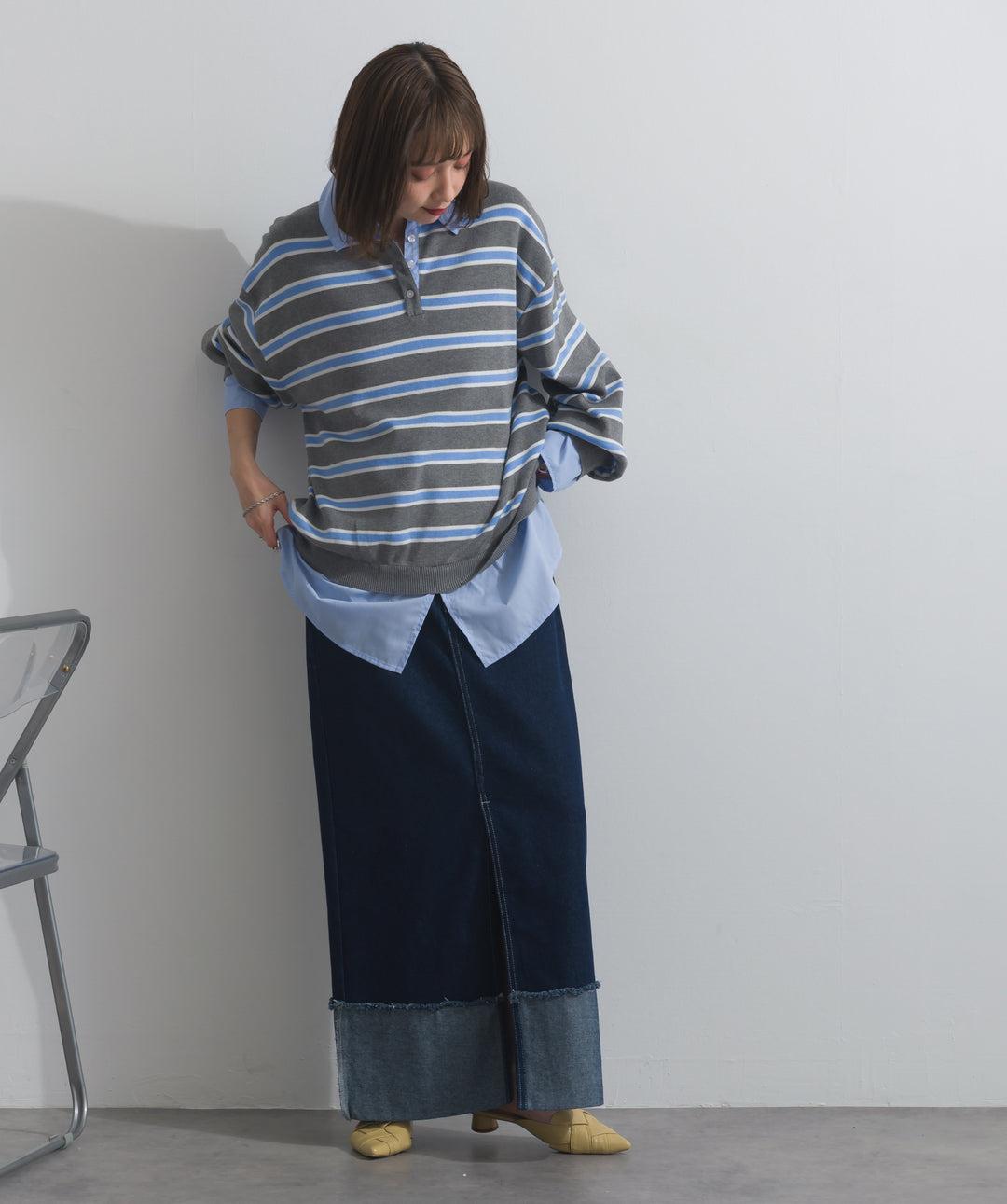 【SET】シャツドッキングニットプルオーバー+ロールアップデザインデニムスカート(2set)