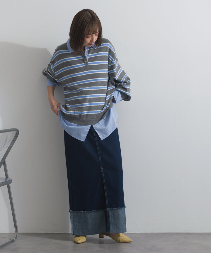 【SET】シャツドッキングニットプルオーバー+ロールアップデザインデニムスカート(2set)