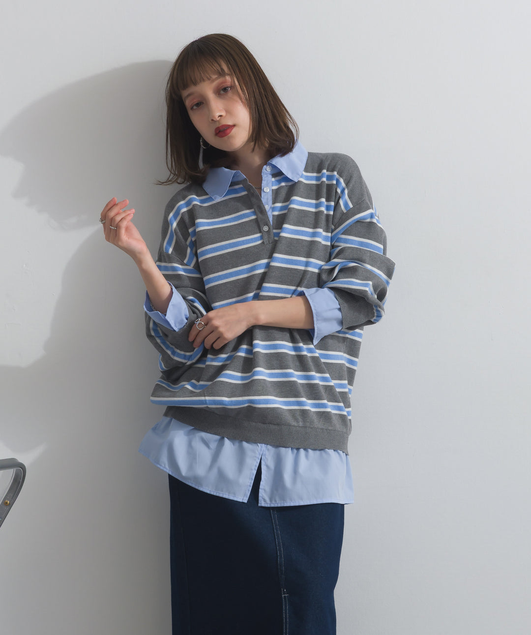 【SET】シャツドッキングニットプルオーバー+ロールアップデザインデニムスカート(2set)